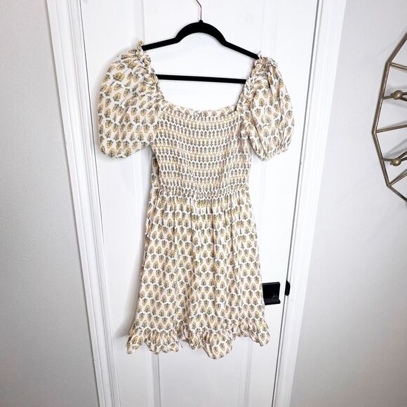 Dizzy Lizzy Shirred Floral Print Mini Dress Size M Cotton White Yellow - Picture 7 of 7